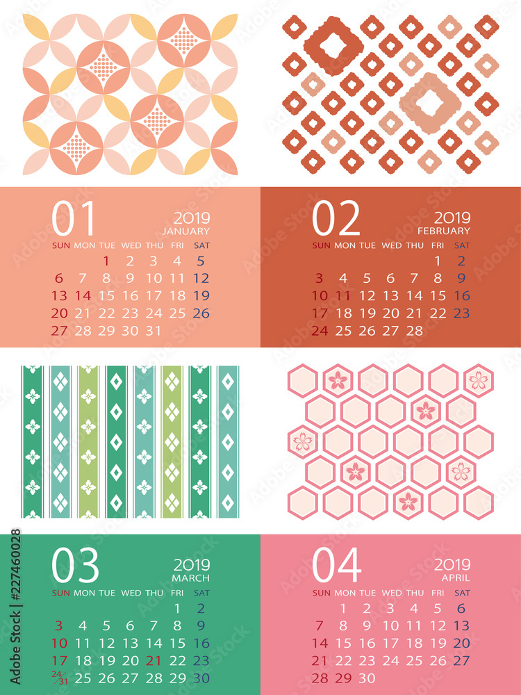 19年1月 4月 和柄のカレンダー 日本向け 祝日表記 Stock Vector Adobe Stock