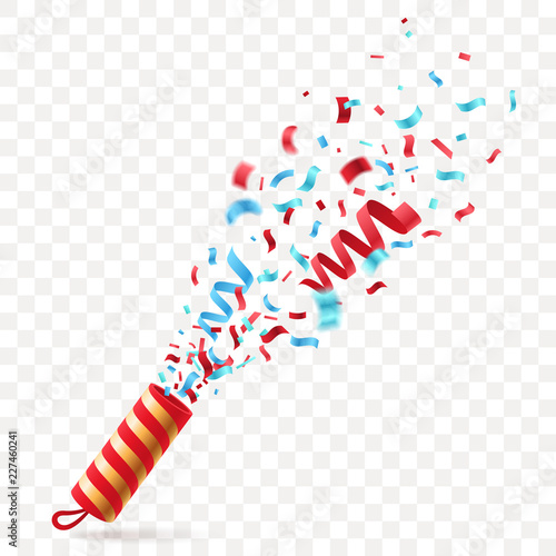 Party cracker with colorful Confetti. Exploding festive Popper isolated on transparent background. The element of celebrating a new year, birthday, anniversary. Vector illustration.