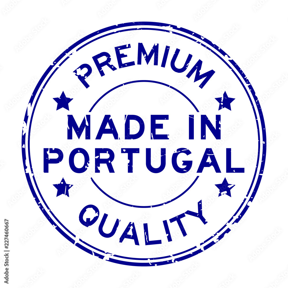 Grunge blue premium quality made in Portugal round rubber seal stamp on white background