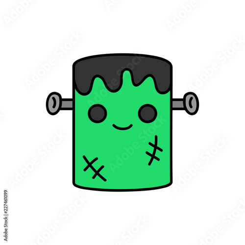 Cute hand drawn spooky frankenstein monster vector illustration. Halloween green zombie with black hair, scars and grey nails in head, isolated.