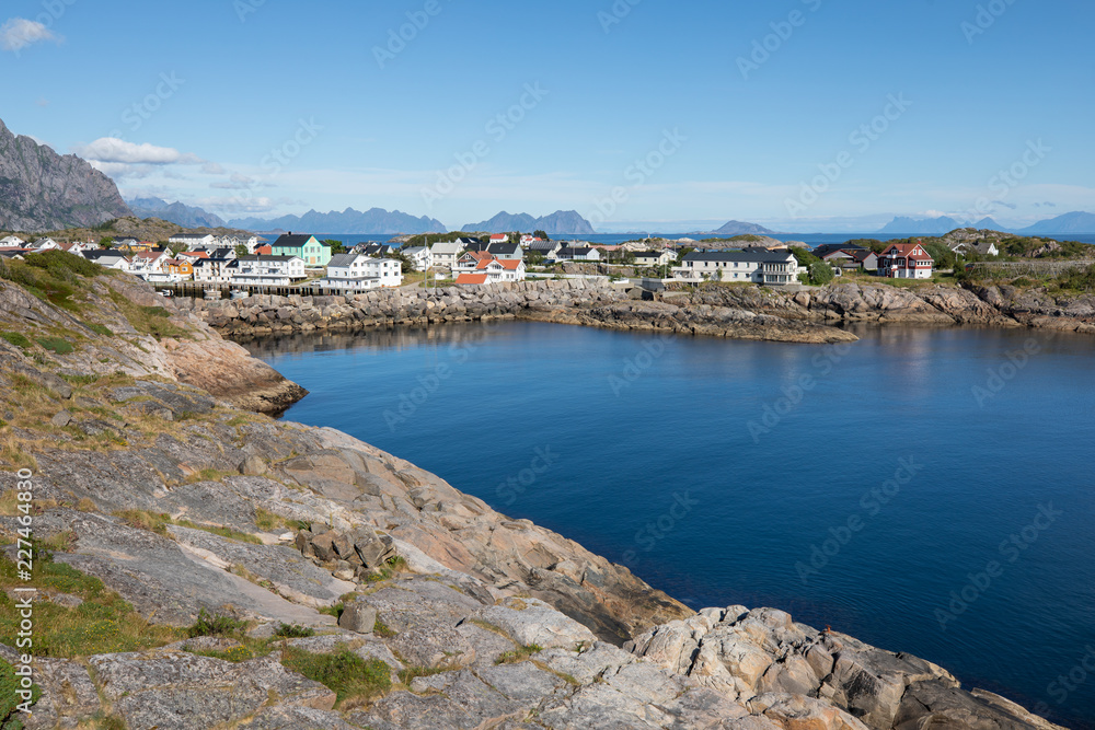 Traditional seaside Norwegian houses in the coastal town of Henningsvaer, Norway.