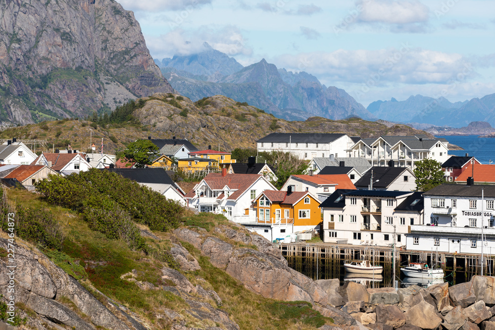 Traditional seaside Norwegian houses in the coastal town of Henningsvaer, Norway.