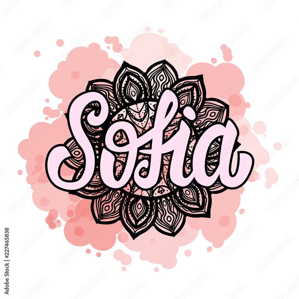 Lettering Female name Sofia on bohemian hand drawn frame mandala pattern and trend color stained. Vector illustration fashion style print isolated on white background.