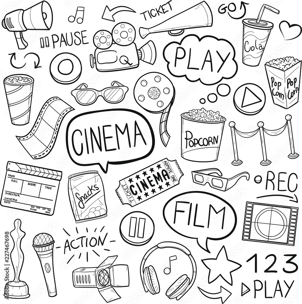 Cinema Film Traditional Doodle Icons Sketch Hand Made Design Vector