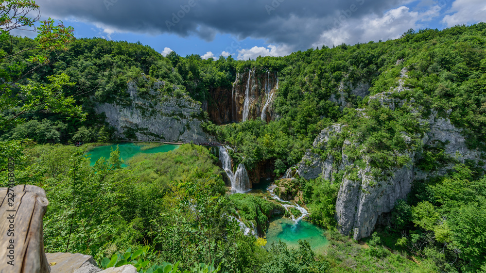 View of waterfalls in the Plitvice Lakes National Park, Croatia. Top view..