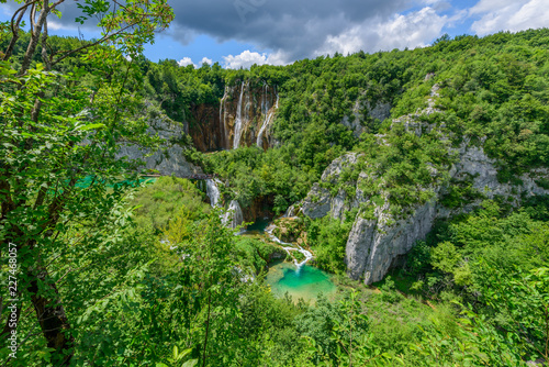 View of waterfalls in the Plitvice Lakes National Park, Croatia. Top view..