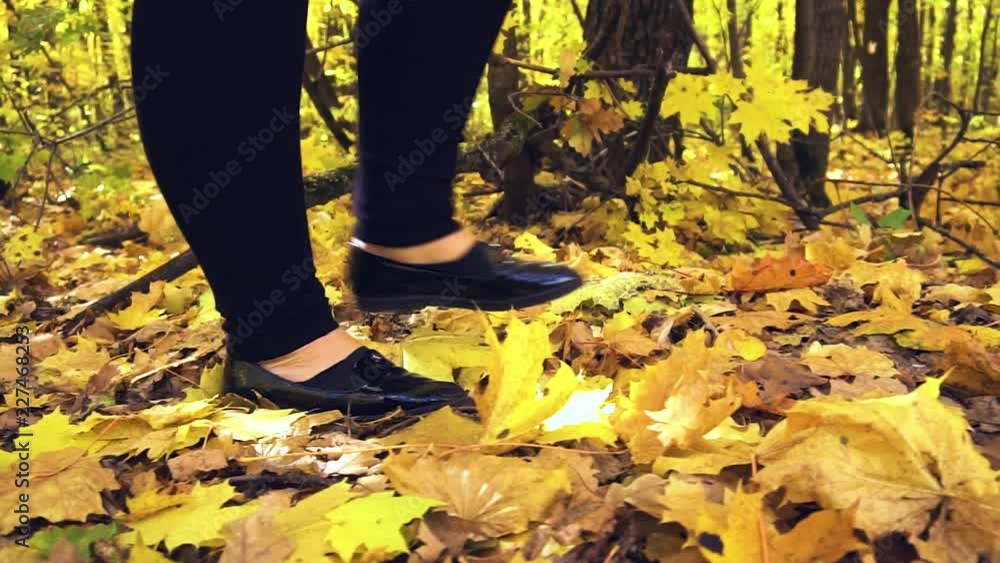 legs of a girl in black shoes on the background of autumn leaves, slowmotion legs of a girl in black shoes on the background of autumn leaves, slowmotion