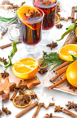 Mulled wine cocktail orange fruits spices Christmas decoration