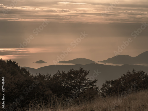 Dusk over the Bay of Poets aka Gulf of La Spezia, Liguria Italy. Islands clearly visible. Near Cinque Terre, the Five Lands.