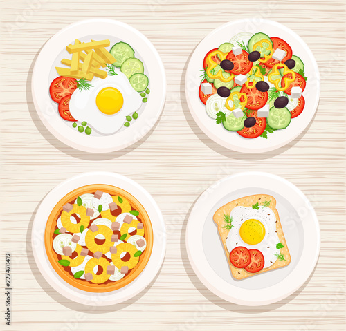 Set of four cooked dishes. Fried egg with french fries, Greek salad, egg sandwich, pizza with chicken and pineapple. Top view . Vector illustration.