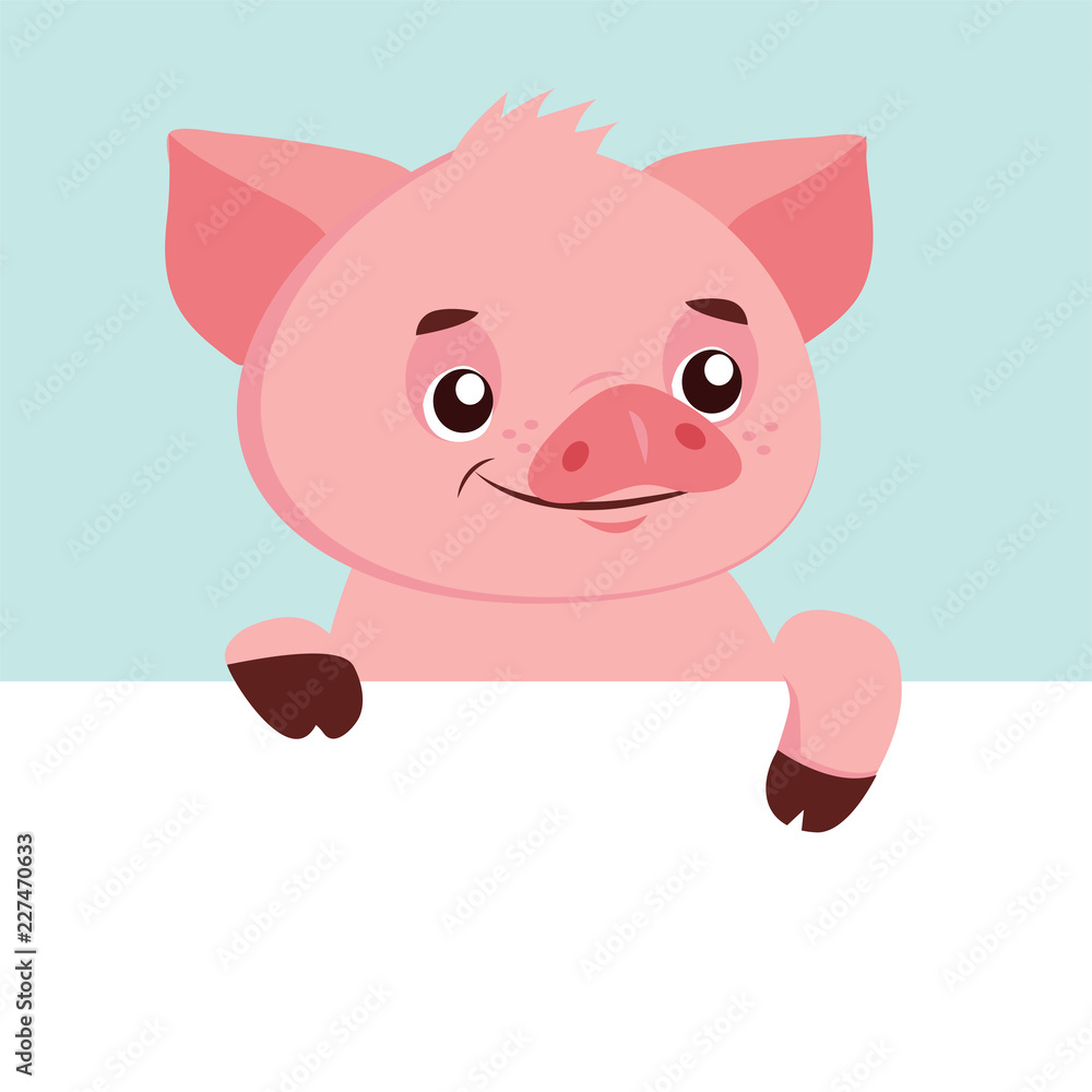 Funny Cartoon Pig Vector Character. Happy Pig With Signboard Mascot. Character. Pig Holding Banner. Cute Animal. Vector Illustration Isolated On White Background.