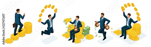Isometric businesspeople nabor concepts of earnings and management Crypto Currency, Bitcoin. Vector illustration of a financial investor