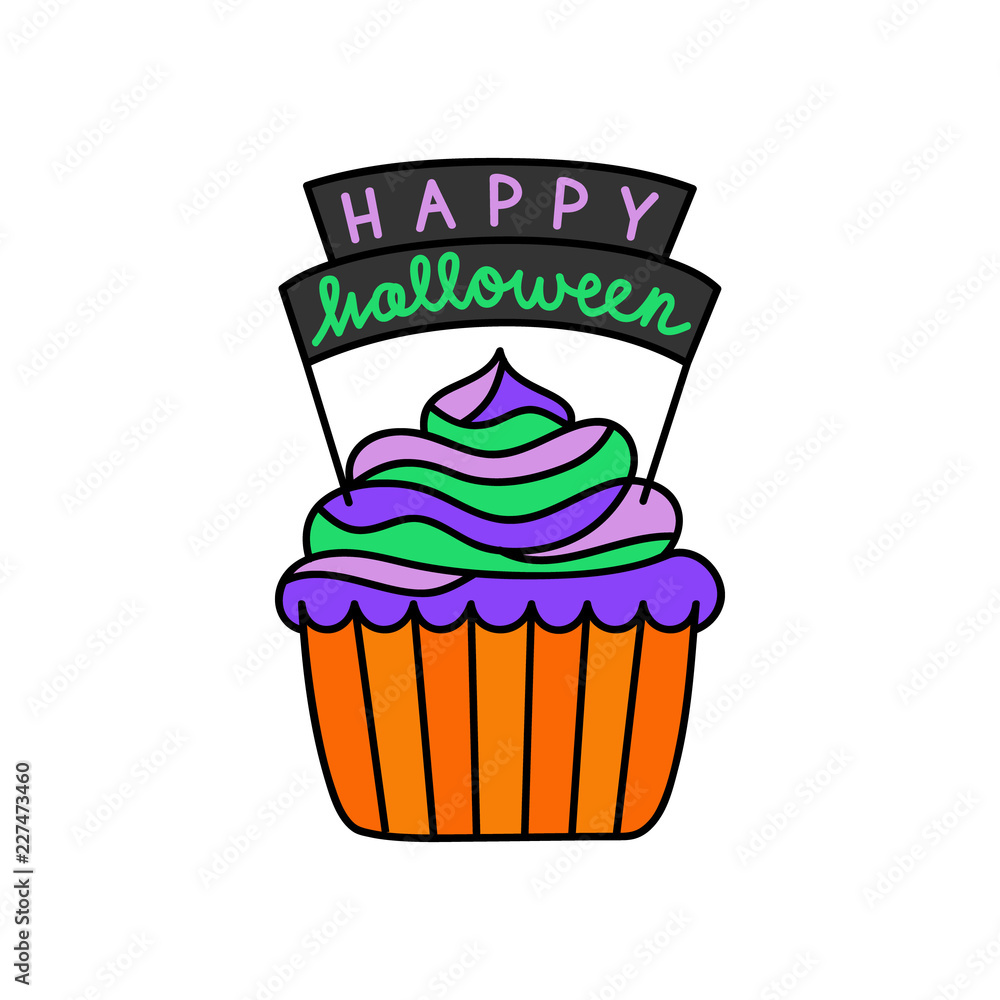 Cute hand drawn cupcake vector illustration. Halloween themed and decorated cupcake in orange paper cup with colorful frosting and Happy halloween writing, isolated.