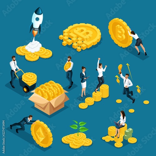 Isometrics icons investors, speculators with ico blockchain concept, safe bitcoin, cryptocurrency mining, startup project isolated vector illustration