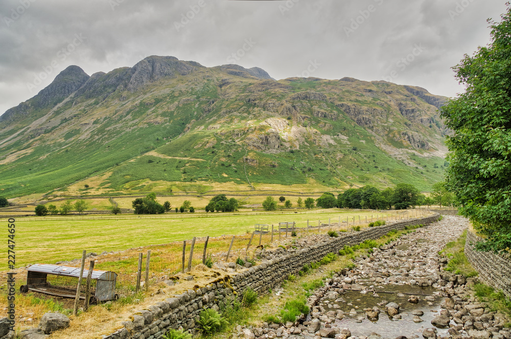 A view of The Langdale Pikes, a range of mountains in the English lake District.
