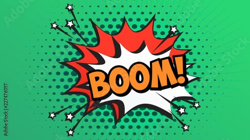 BOOM Word Retro Cartoon Comic Bubbles Popup Style Expressions. Colored Bomb and Smoke Strip Dotted with red Speed Radial line. Seamless loop Animation photo