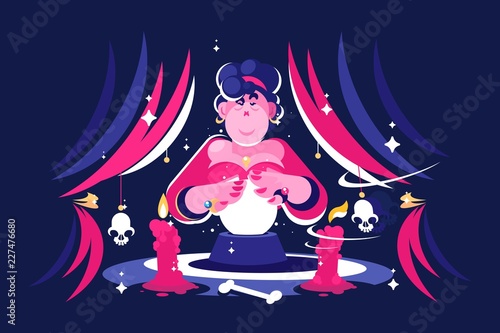 Woman fortune teller with magical crystal ball.