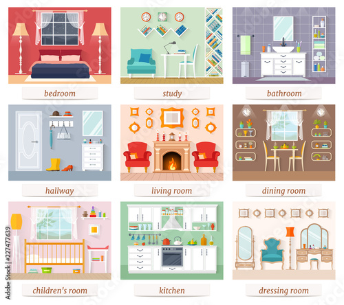 A set of rooms for various purposes in flat style. Vector illustration. An example of interior design and furniture arrangement.