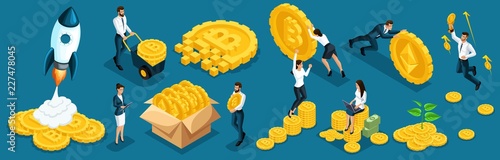 Isometric icons investors, speculators with ico blockchain concept, safe bitcoin, cryptocurrency mining, startup project. Horizontal banner vector illustration