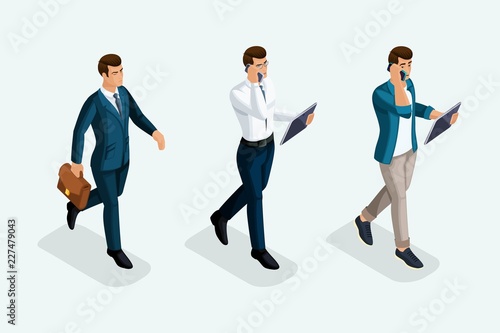 Isometric businessmen are coming forward, front view, emotions, business negotiations on the phone. The emotional gestures of the people