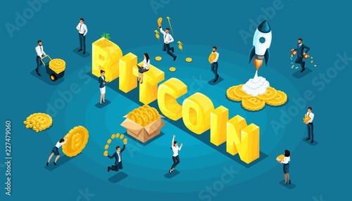 Isometric icon with ico blockchain concept, cryptocurrency mining, startup project vector illustration
