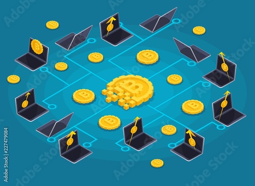 Isometric concept of the blockchain infographic concept, cryptocurrency mining, startup project vector illustration