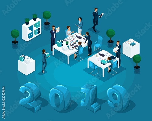 Isometric business concept office work, accounting, business day, auditor, illustration for calendar 2019