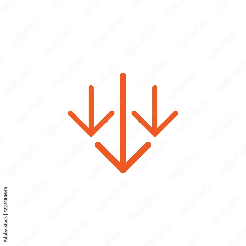 three red thin arrows down icon. download sign. Fall, decrease symbol isolated on white. three red thin arrows down icon. download sign. Fall, decrease symbol isolated on white.