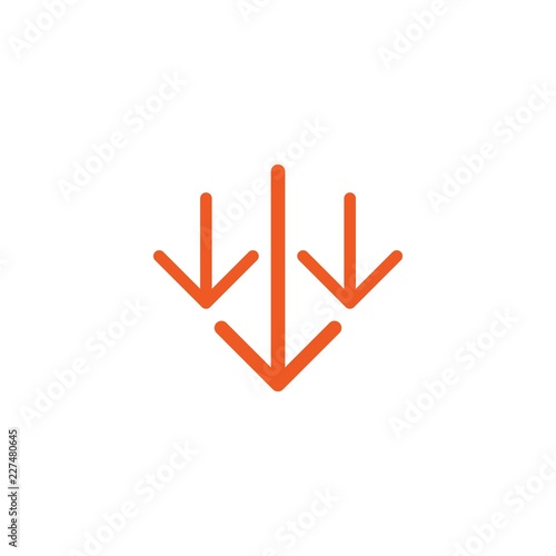 three red thin arrows down icon. download sign. Fall, decrease symbol isolated on white.