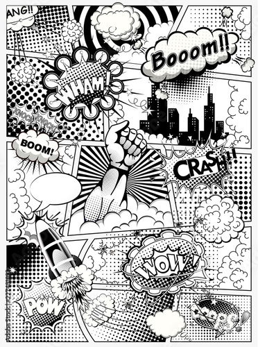 Czarno-biała strona komiksu podzielona liniami z dymkami, rakietą, ręką superbohatera i efektem dźwiękowym. Ilustracji wektorowych