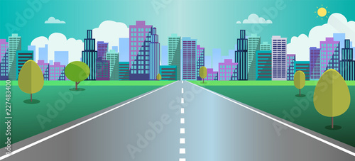Cityscape scene with road , trees and sky background vector illustration.Main street to fantasy town concept.Urban scene with nature background
