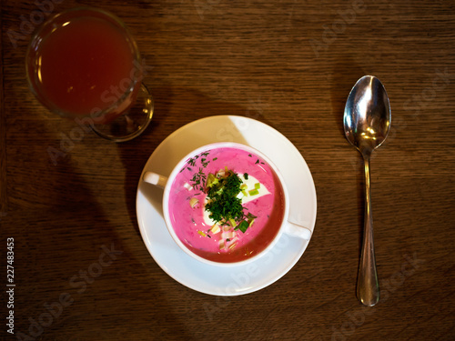 Saltibarsciai, or Lithuanian cold borscht, blended with sour cream (yogurt), and sprinkled with chives