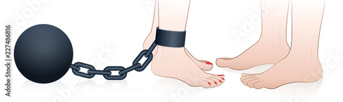 Jealous and dominating man with chained woman. Symbol for possession, restriction or captivity in an unfaithful relationship. Comic illustration on white background.