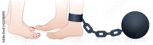 Possessive an dominating woman with chained man. Symbol for jealousy, restriction or captivity of love couples in a constraining partnership. Comic illustration on white background.
