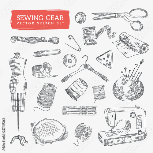 Hand-drawn sewing gear and tools. Cool sketch icons set. Eps10 vector.
