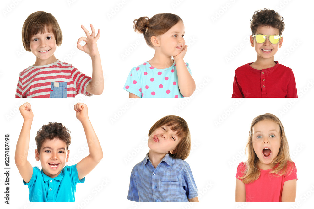 Little children with different emotions on white background Little children with different emotions on white background