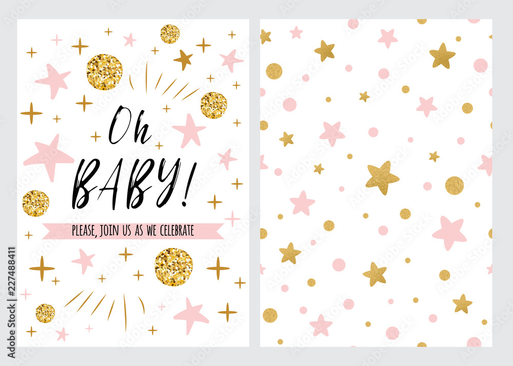 Vector set Baby shower invitation template, backgtround with pink stars  design text Oh Baby vector de Stock | Adobe Stock