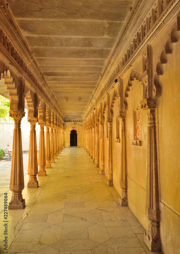 Interior architecture of a long corridor at bagore ki haveli.