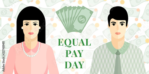 Vector flat  illustration for Equal Pay Day with man and women icons, background with falling dollar banknotes and coins. Dedicated to raising awareness of the gender pay gap.