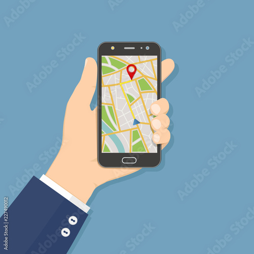 GPS navigation flat design concept. Hand holding mobile phone with GPS navigation map on screen.