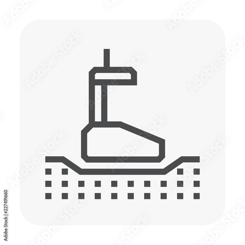 Nuclear density testing vector icon. To control quality, density of materials, earthwork compaction process by portable nuclear gauge in geotechnical engineeting, road construction. Editable stroke.