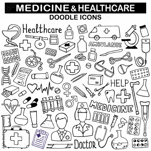 Doodle medicine icon set for your design. Hand drawn Health care, pharmacy, medical cartoon icons collection. Medical symbols. Vector illustrations eps 10.