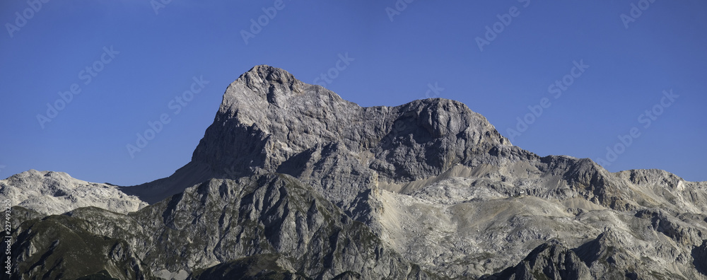 Panoramic view of mountain Triglav in Julian Alps, the highest peak of Slovenia, from the South, Slovenia