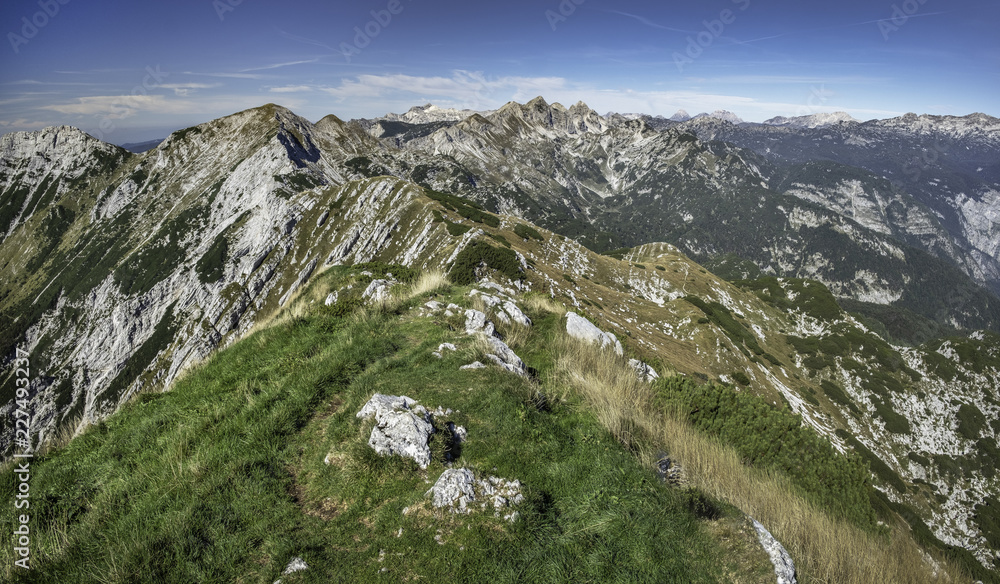 Obraz premium View from the top of mountain Sija to mountain Vogel in Julian Alps, Slovenia