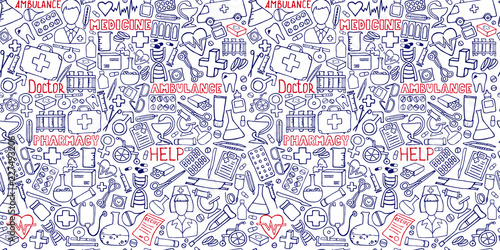 Medicine seamless doodle pattern for your design. Hand drawn Health care  pharmacy  medical cartoon background. Vector illustrations eps 10.