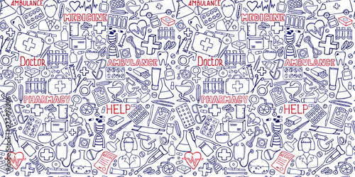 Medicine seamless doodle pattern for your design. Hand drawn Health care, pharmacy, medical cartoon background. Vector illustrations eps 10.