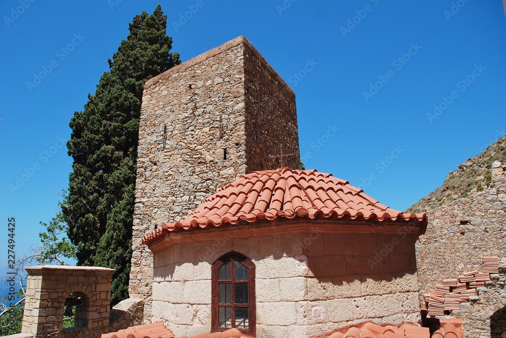 The Byzantine period monastery of Agios Panteleimon on the Greek island of Tilos. The monastery dates from around 1470.