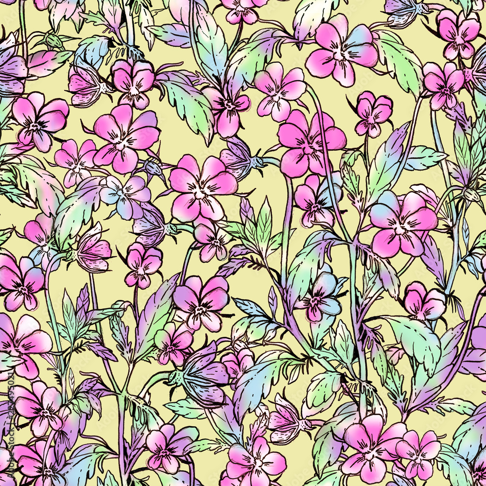Fototapeta premium Floral seamless pattern. Ink hand-drawn elements. Modern design/pansies, pansy, heartsease, kiss-me-quick, love-in-idleness flowers