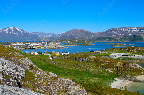 Small village on the coastline of a fjord in Lofoten islands, Norway.