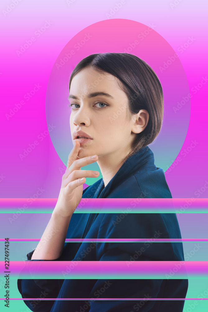 Interesting idea. Attractive reflective woman directing gaze at camera while touching lip Interesting idea. Attractive reflective woman directing gaze at camera while touching lip